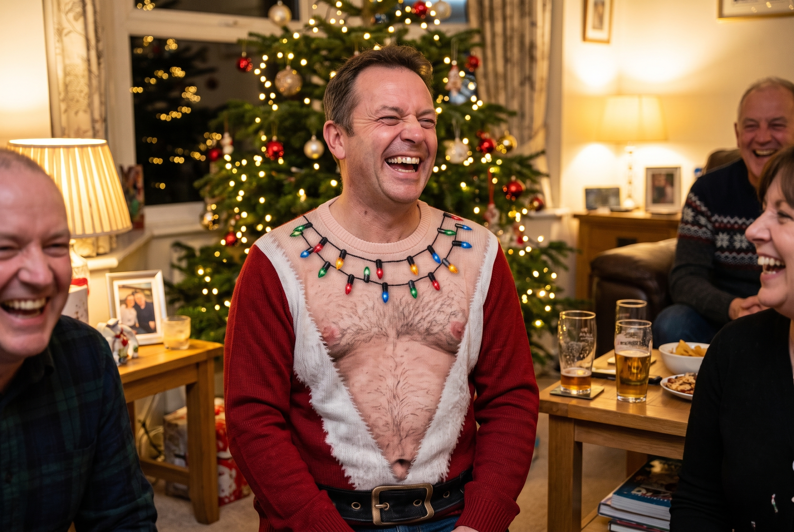 Man laughing in the JingleDrip Santa Bod Christmas sweater at a Christmas party