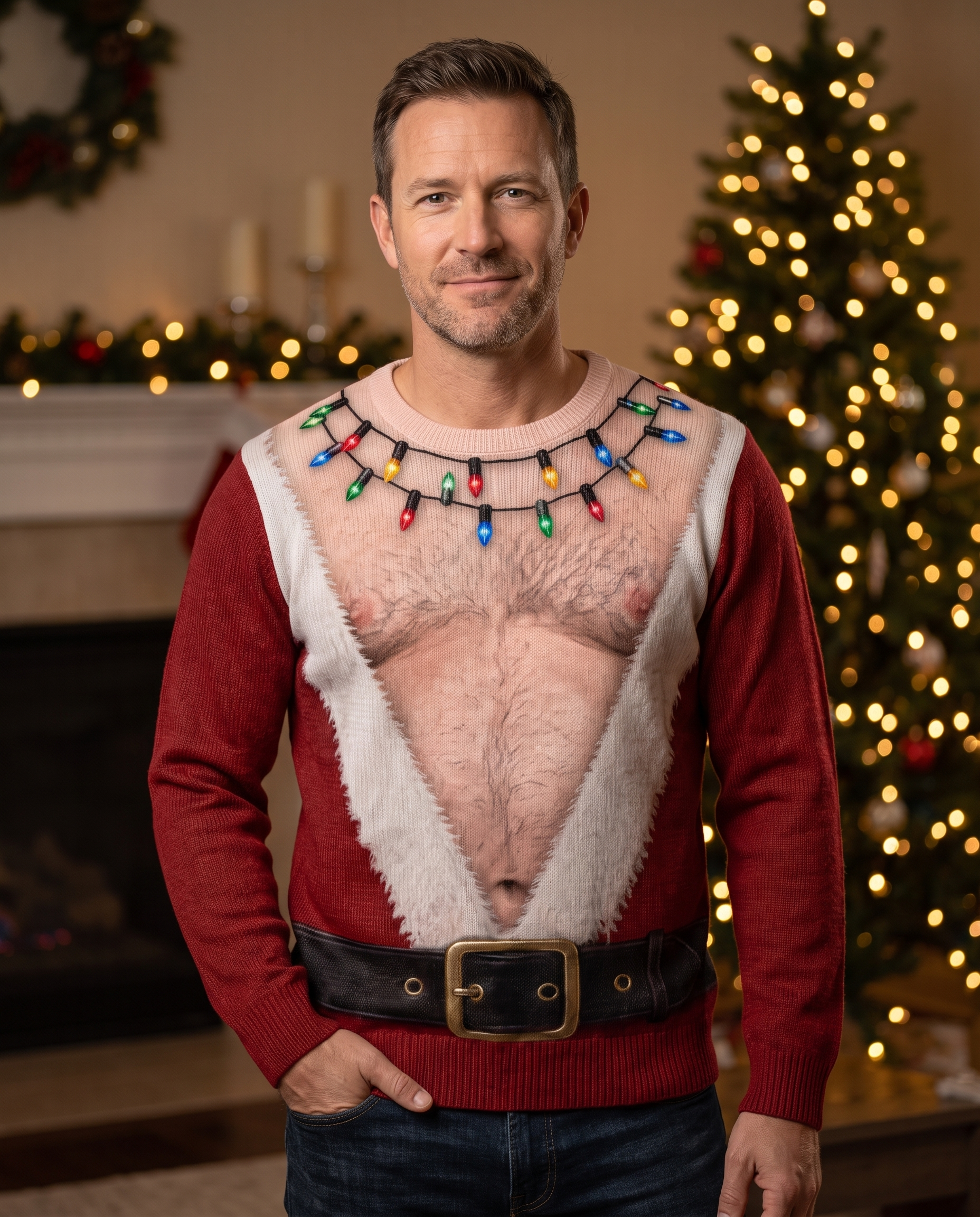 Man wearing the JingleDrip Santa Bod Christmas sweater