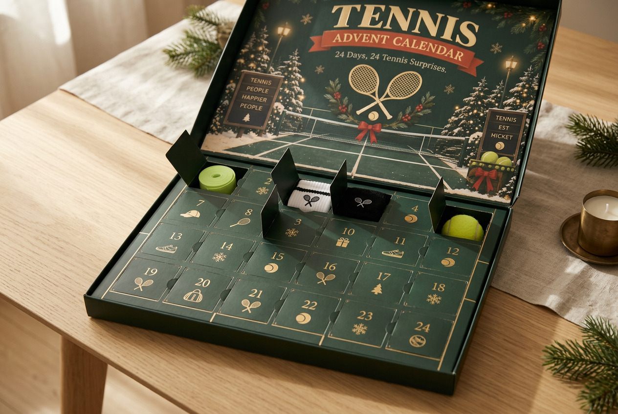 The Court 24 tennis advent calendar, lid open, showing 24 numbered doors