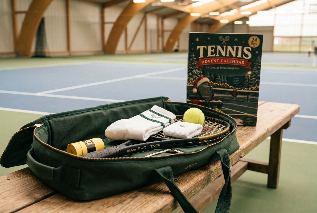 Kit from the calendar packed into an open tennis bag beside a court