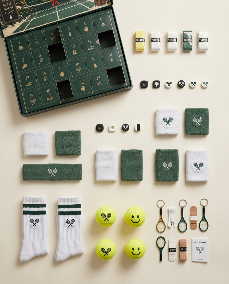 All 24 items from the Court 24 tennis advent calendar laid out in a grid