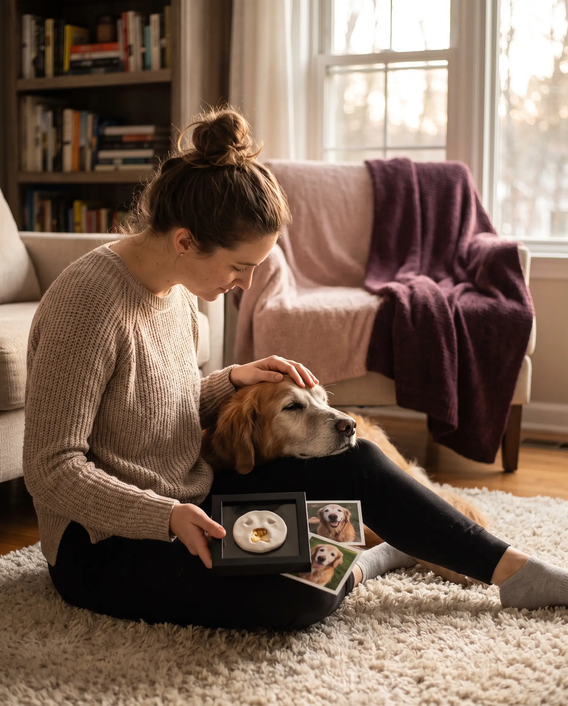 Woman holding a framed gold nose print while her old dog rests its head in her lap