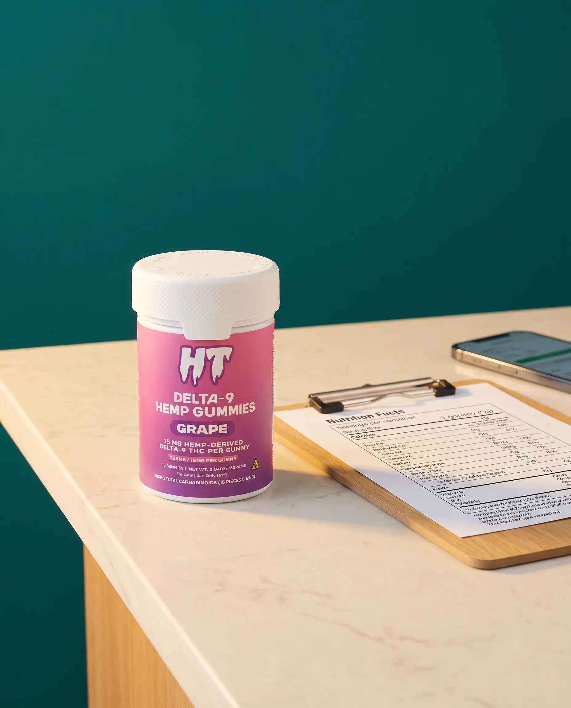 HTowns gummies jar with test paperwork