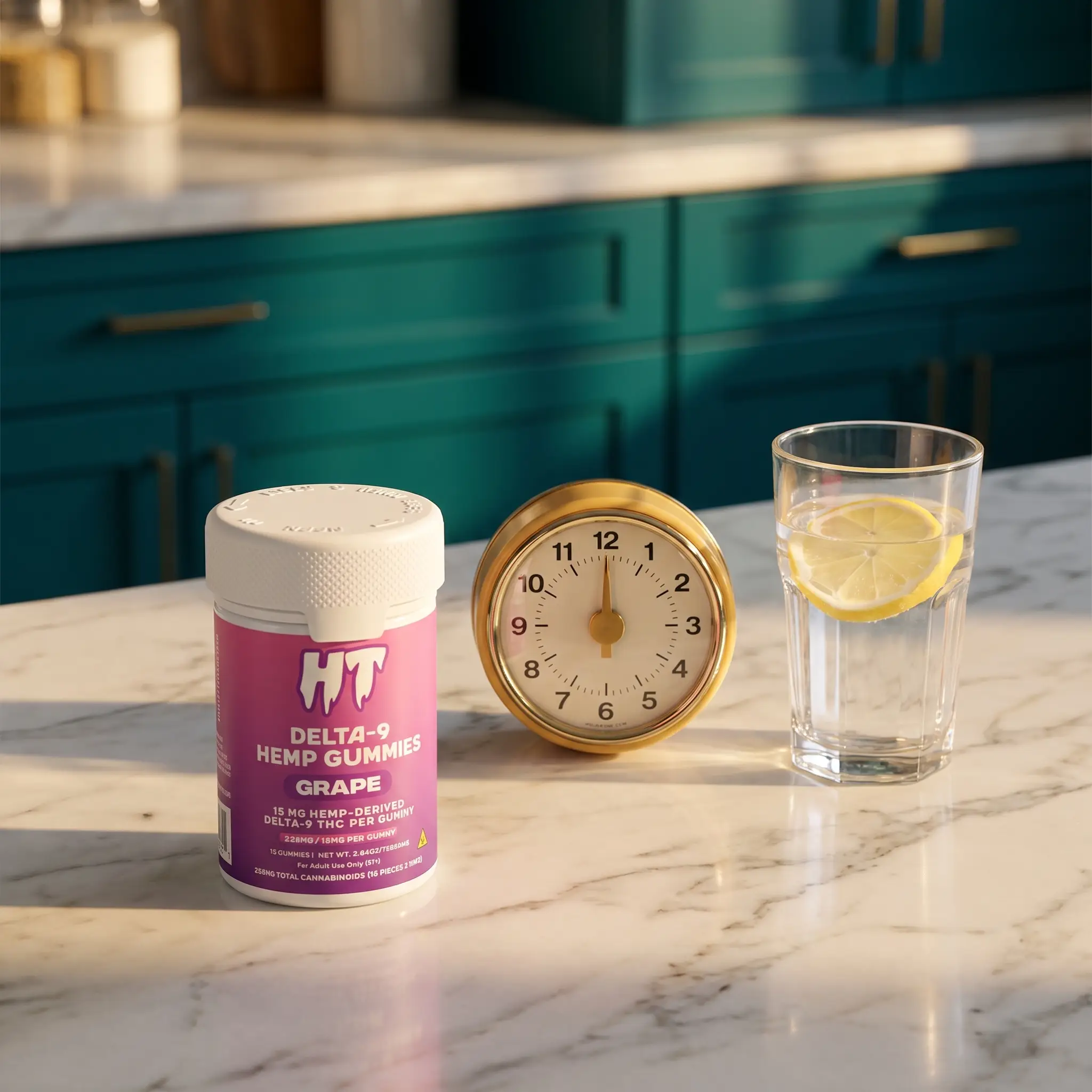 HTowns jar on a kitchen counter next to a timer