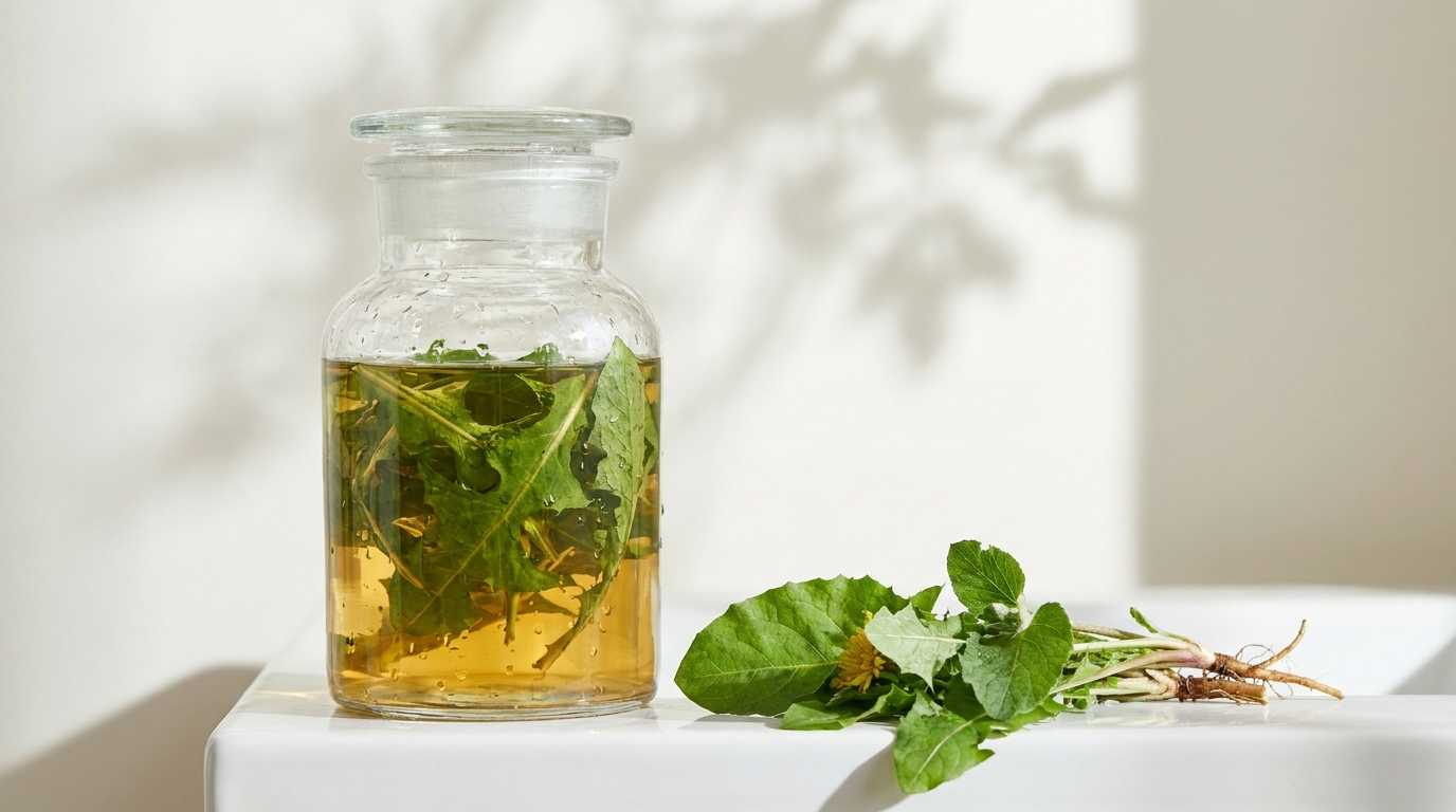 Bromelain extract and dandelion herbs in glass jar with sunlight