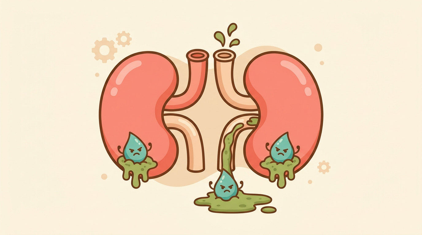 Cartoon kidneys overflowing with lymphatic sludge