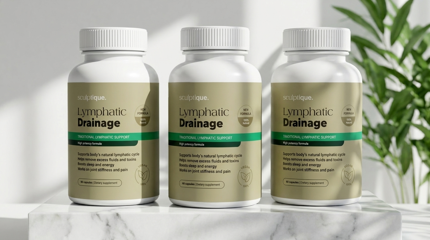 Three Sculptique Lymphatic Drainage bottles on marble pedestal
