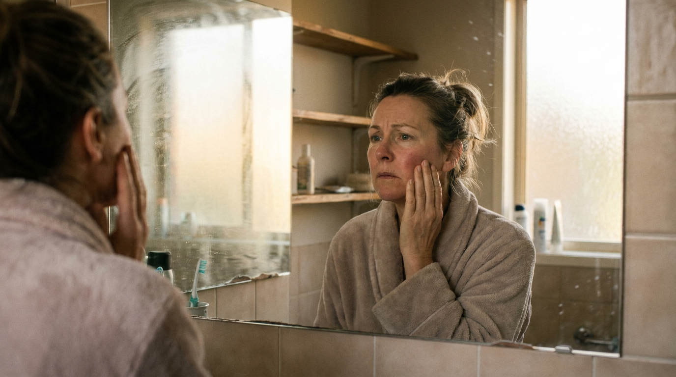 [HERO — Woman 50s touching puffy face in mirror wo