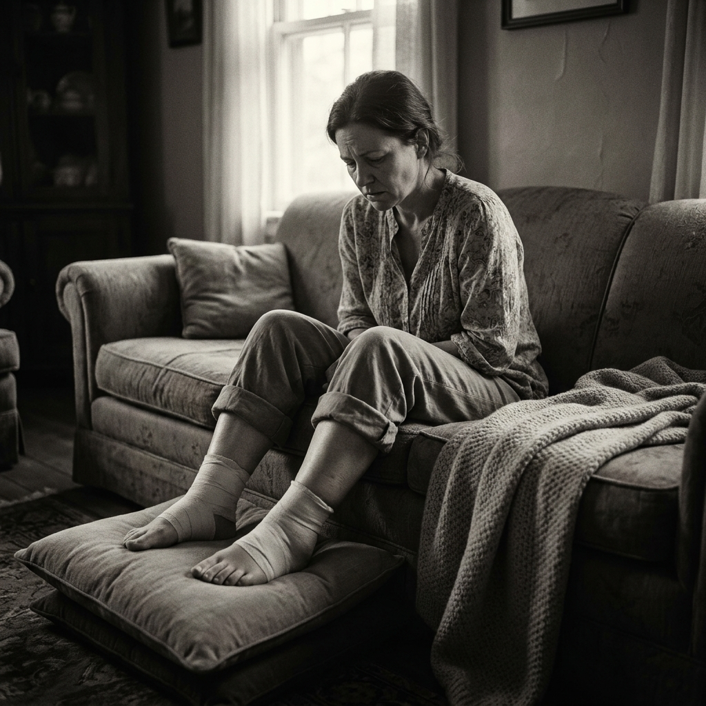 [SYM1 — BW woman swollen legs ankles sitting]