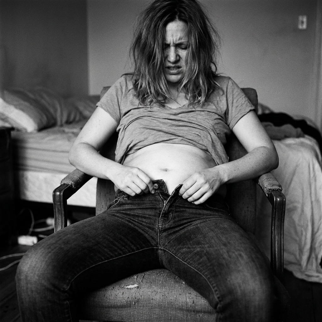 [SYM3 — BW woman struggling to button jeans]