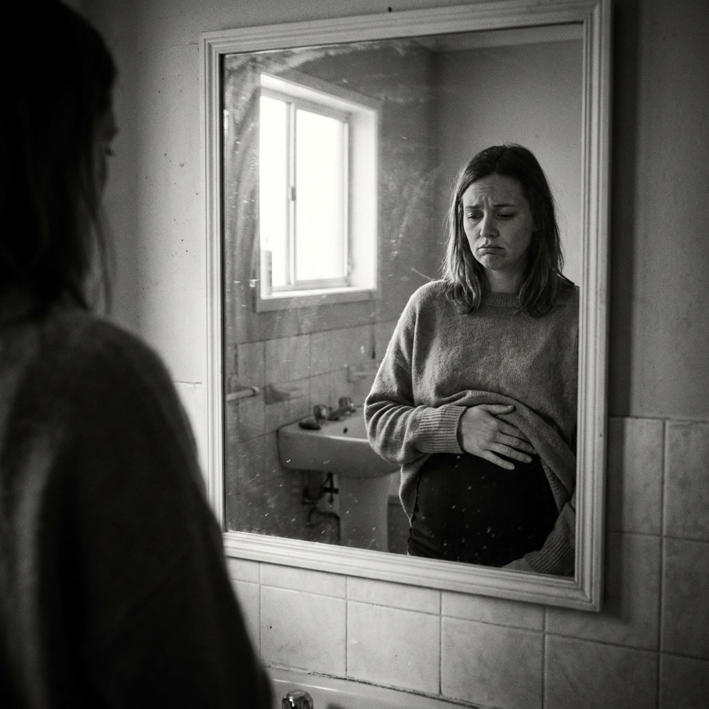 [SYM4 — BW woman looking at bloated belly mirror]