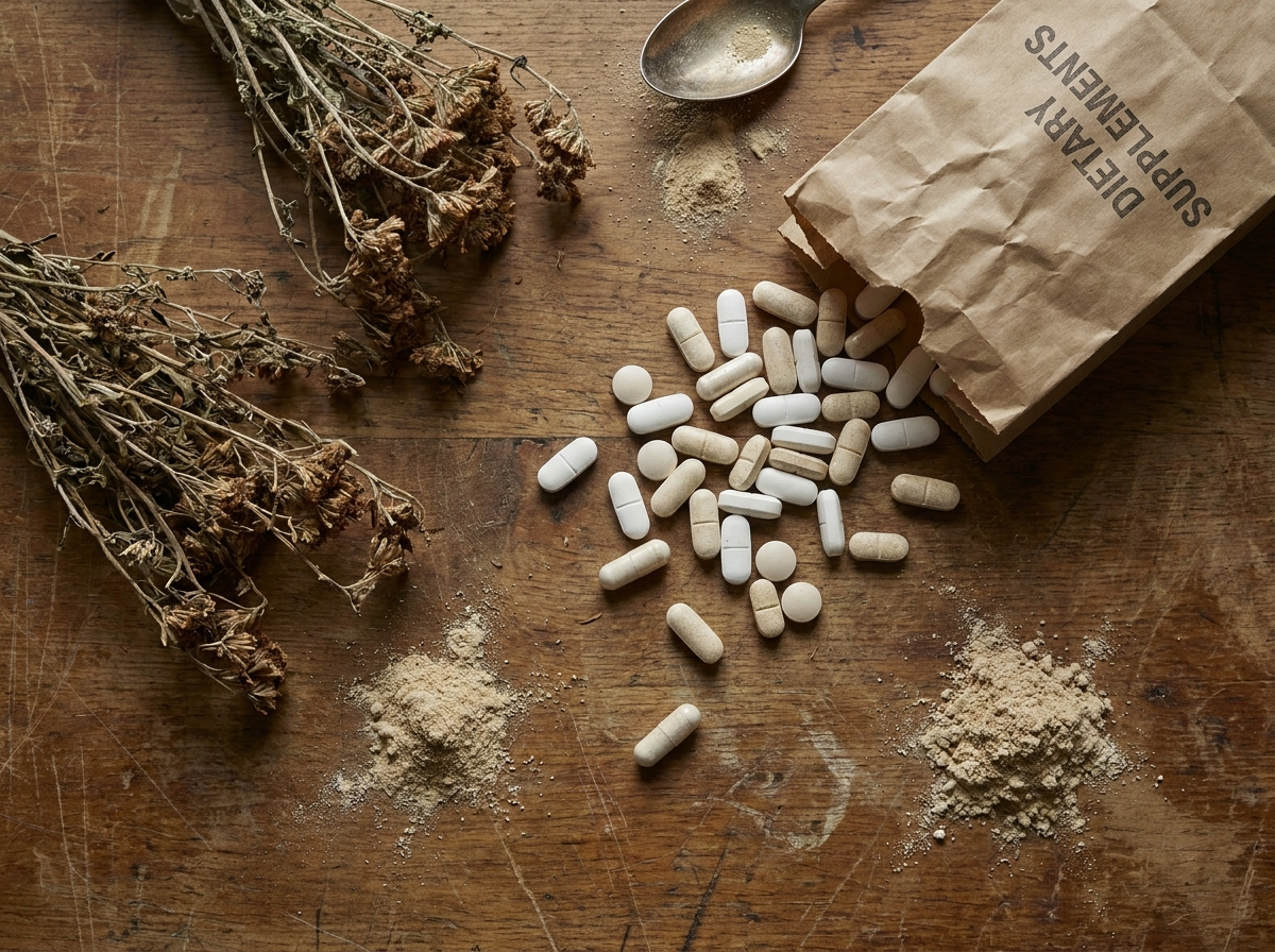 [LOW_QUALITY — Cheap pills and wilted dried herbs 