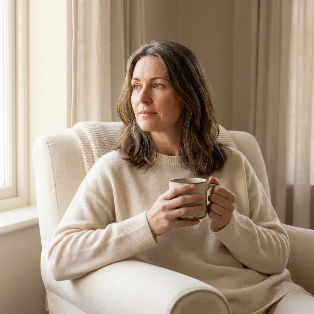 Woman in her late 40s in soft daylight, contemplative expression