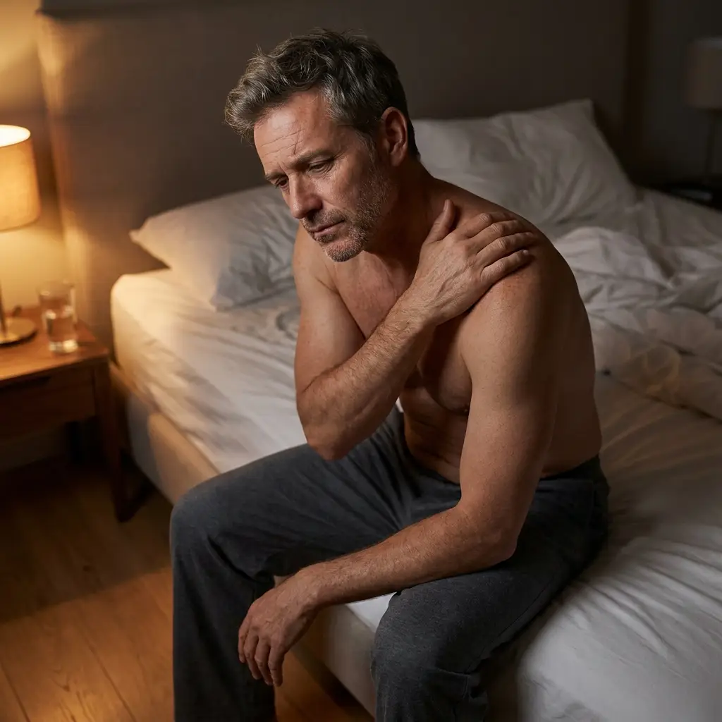 Femme réveillée la nuit par une douleur d'épaule