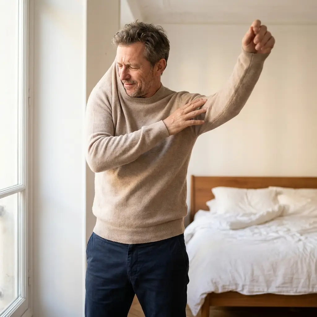 Personne ayant des difficultés à s'habiller à cause d'une douleur d'épaule