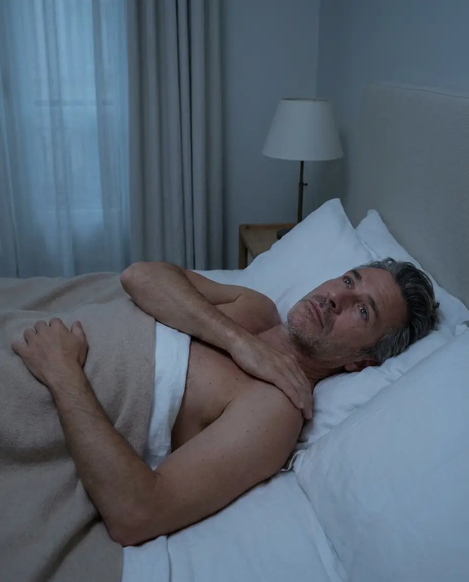 Femme réveillée la nuit par sa douleur d'épaule, assise au bord de son lit