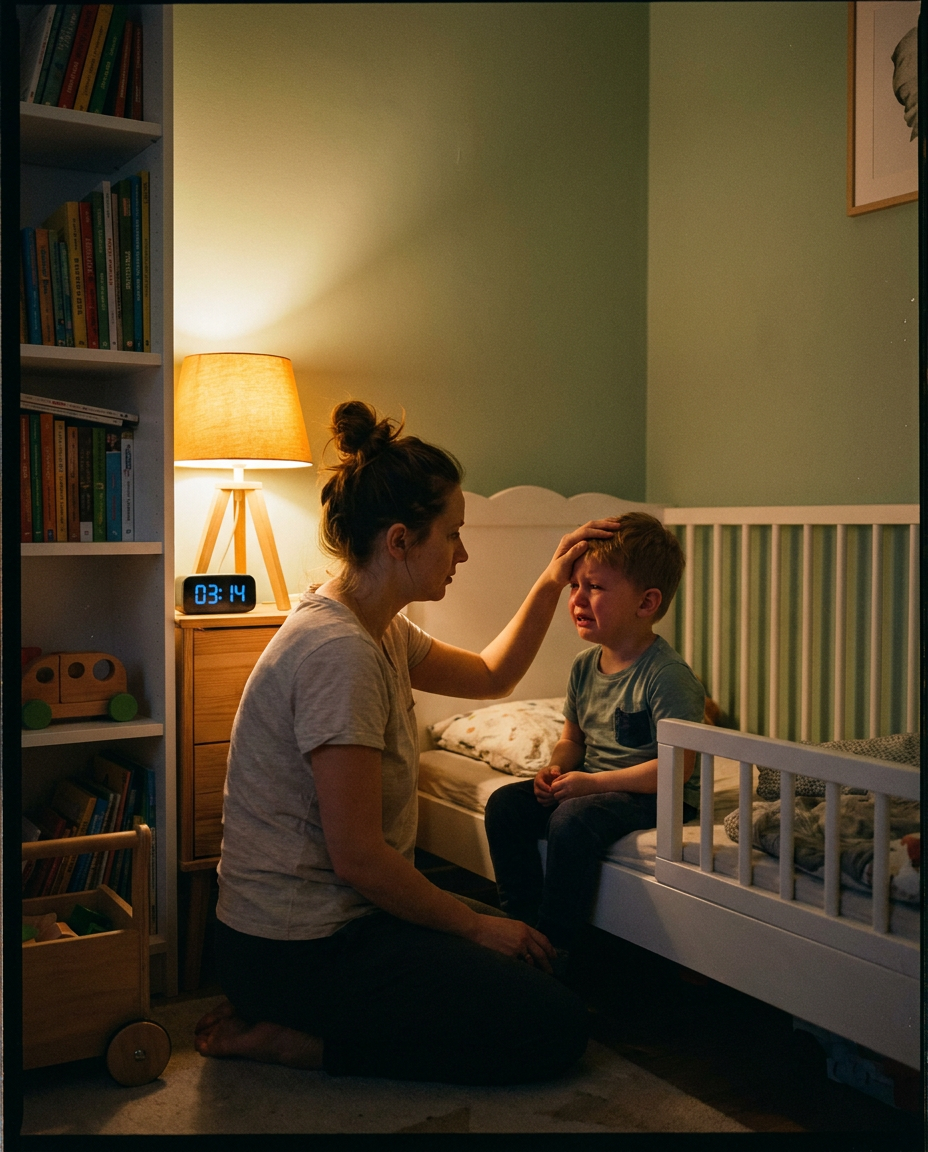 Zmęczona mama klęczy przy łóżku dziecka w nocy