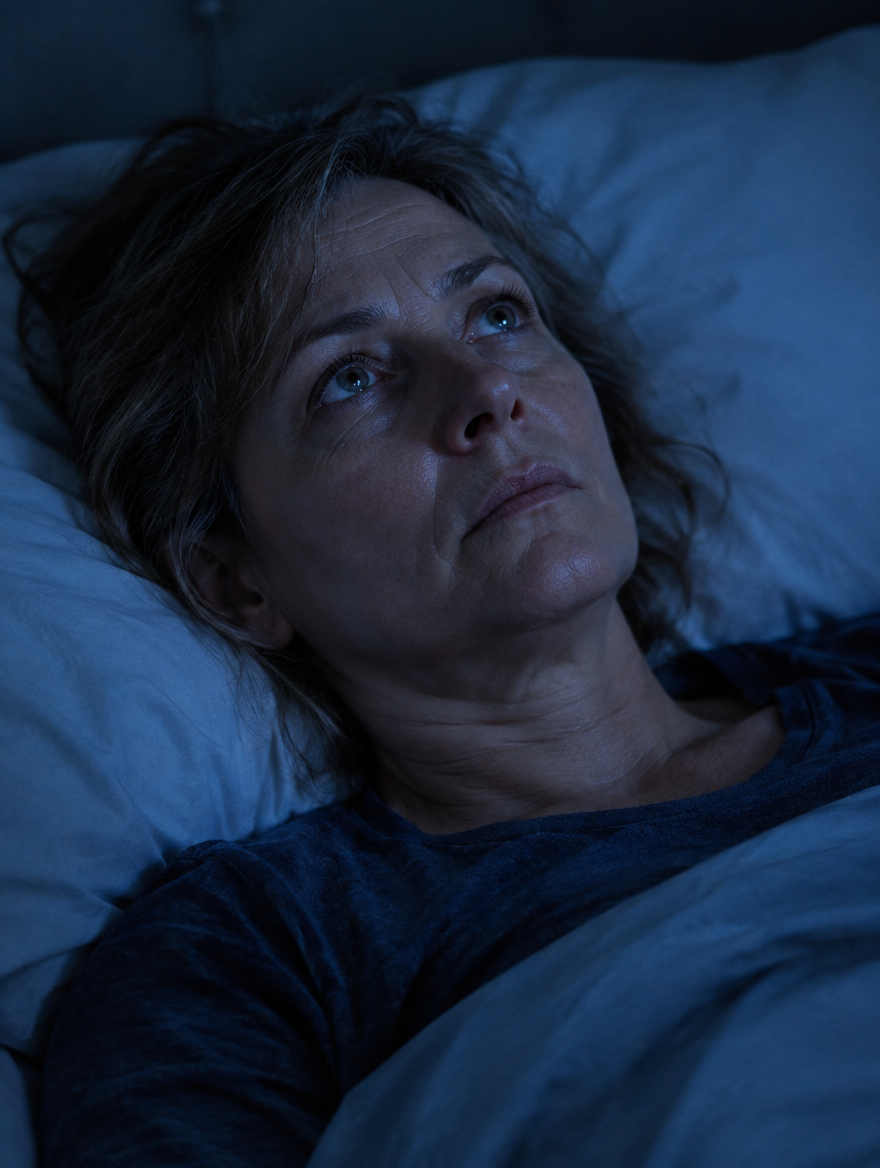 Vrouw ligt 's nachts wakker, vermoeid