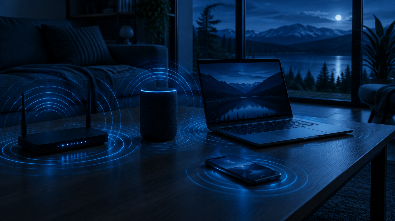 Modern huis vol wifi-signalen en schermen