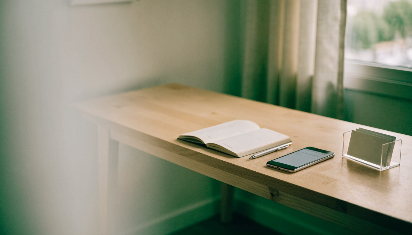 Agenda abierta con horarios, teléfono y tarjetas de presentación sobre una mesa de madera