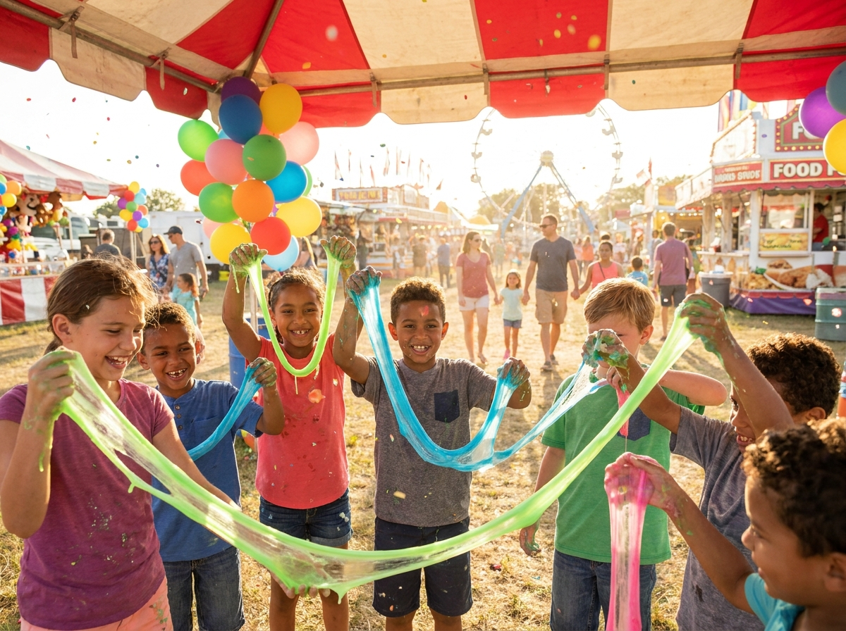 Kids stretching colorful slime in their hands at a Slime Lab festival booth