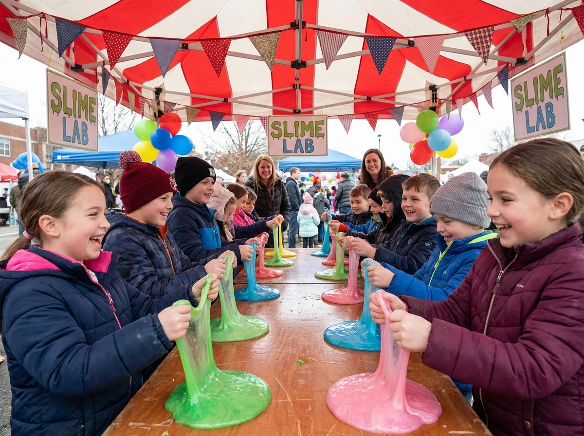 A busy Slime Lab booth with a line of excited kids playing with slime at a community festival