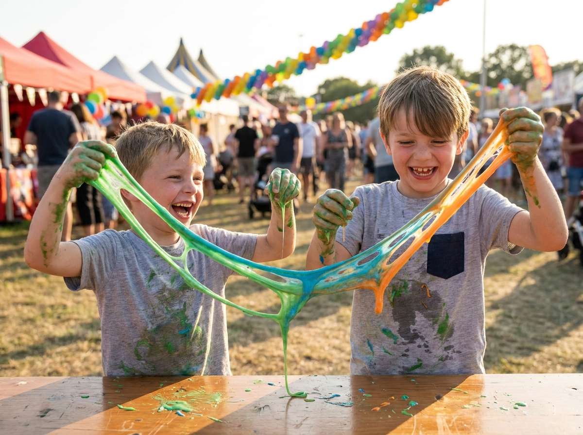 Two kids laughing while stretching gooey slime at an outdoor fair