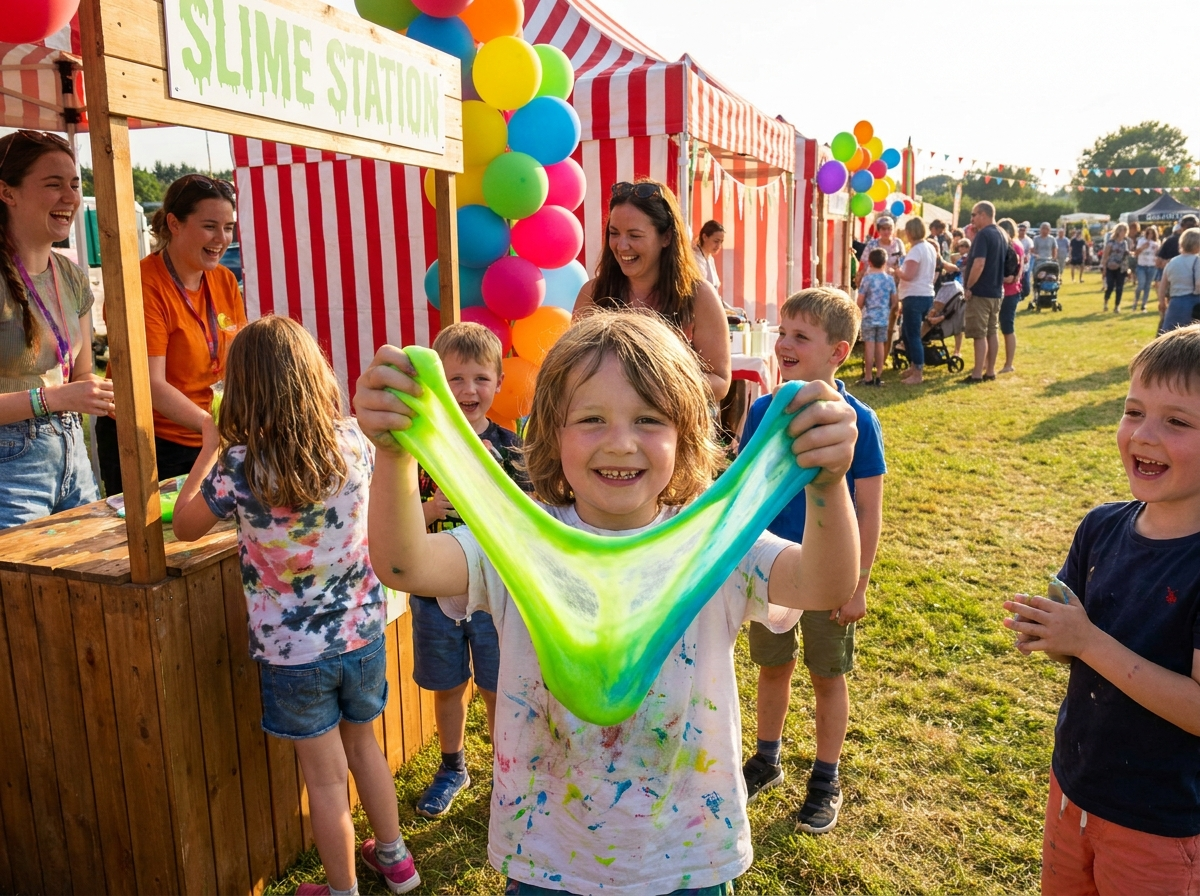A child holding up a big stretchy blob of colorful slime at a summer festival