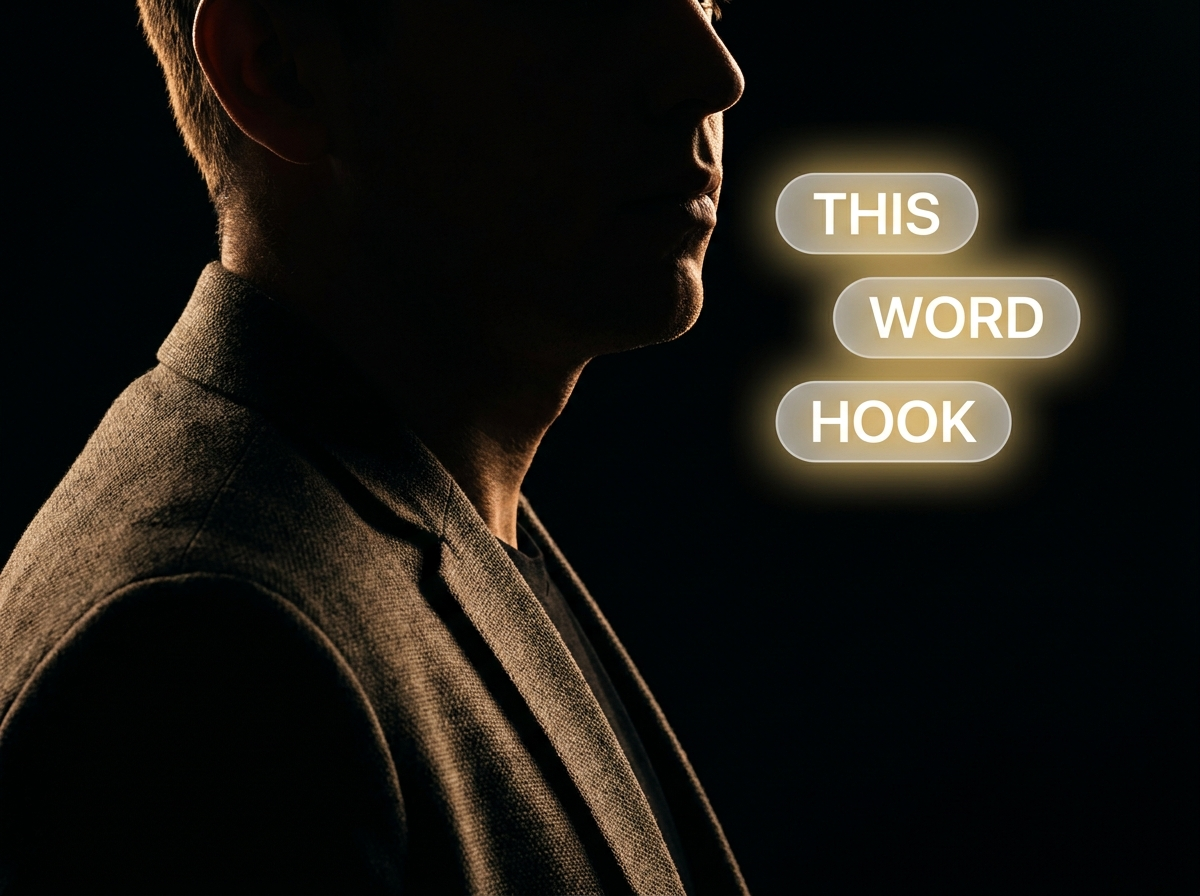 Silhouetted speaker with word-by-word caption boxes burned in