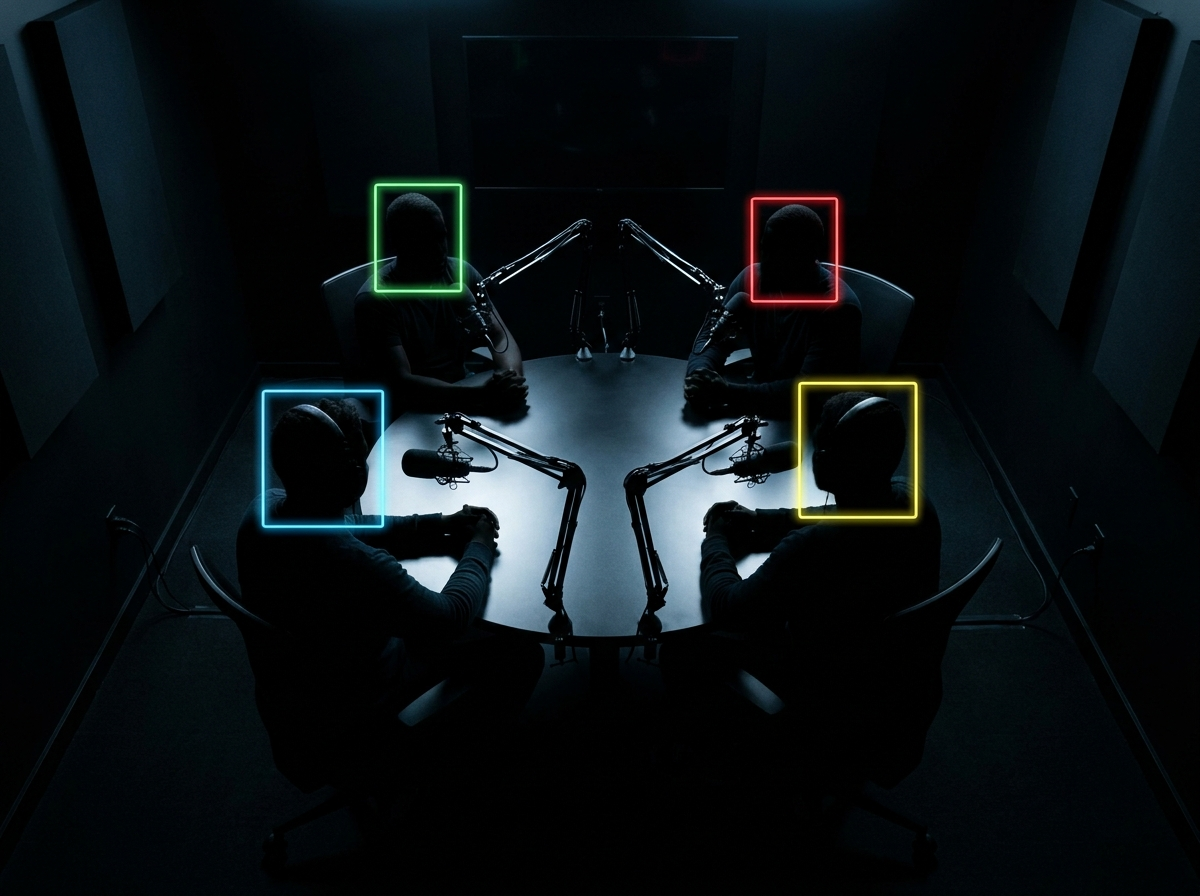 Four-person podcast with colored face-tracking boxes showing Agent-1 locking onto each speaker