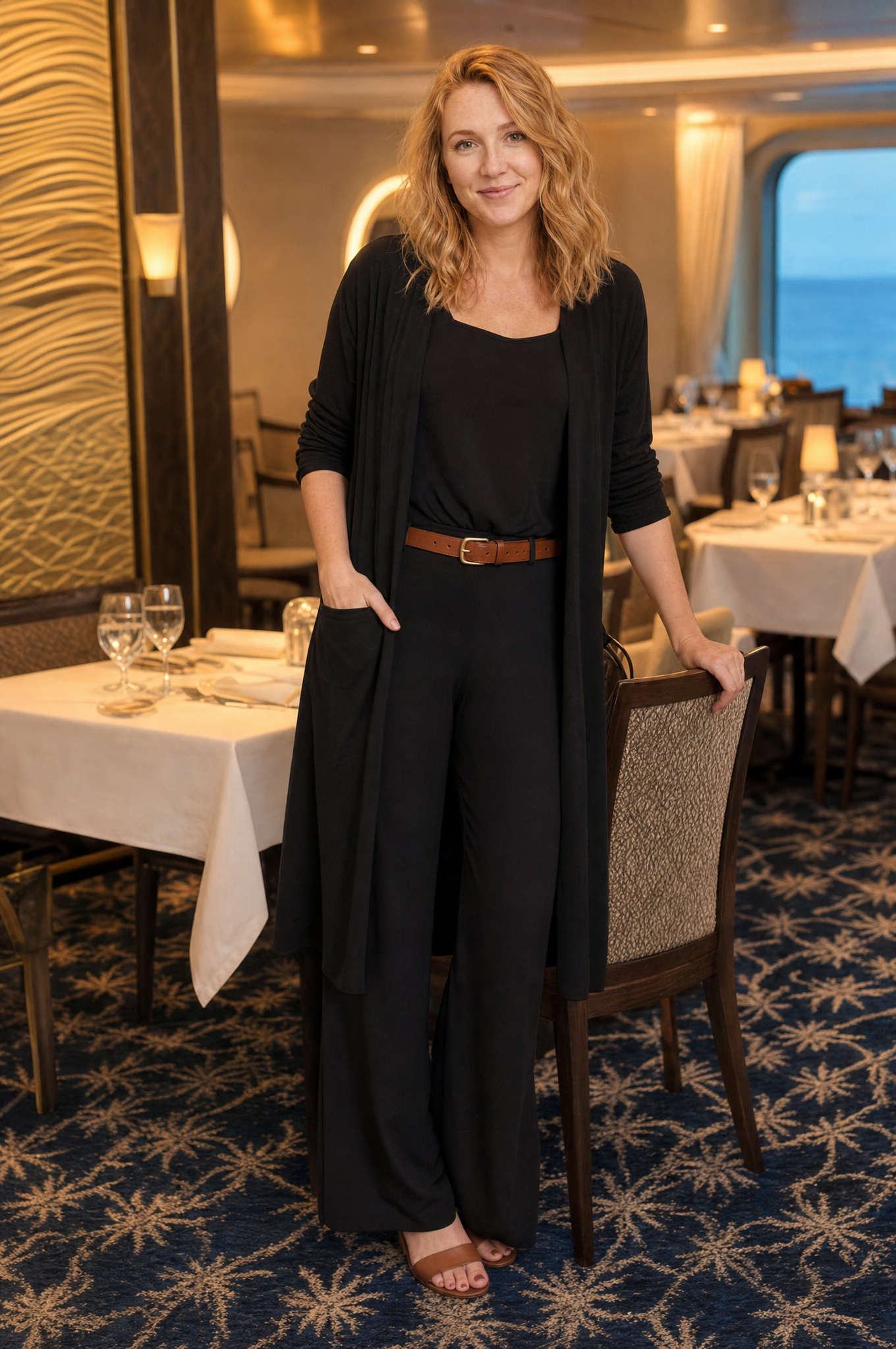 Dinner cruise look, cardigan layered open with a belt