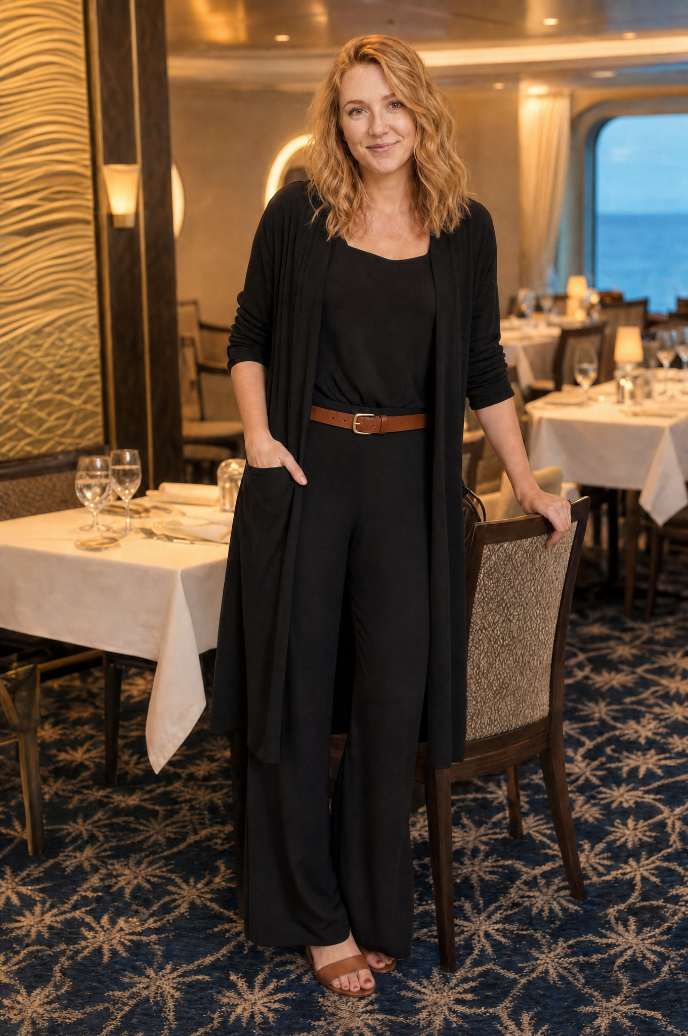 Dinner cruise look, cardigan layered open with a belt