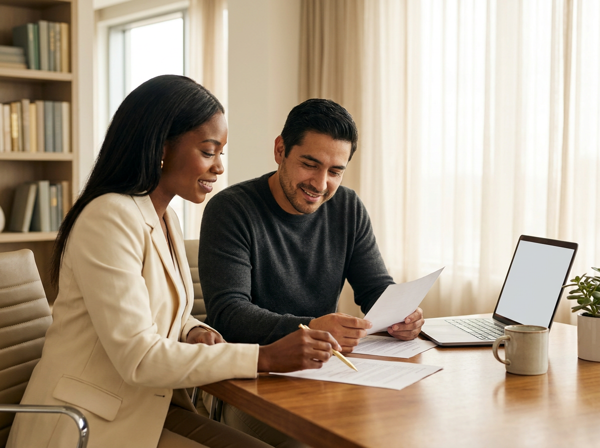 A specialist reviewing credit documents with a client