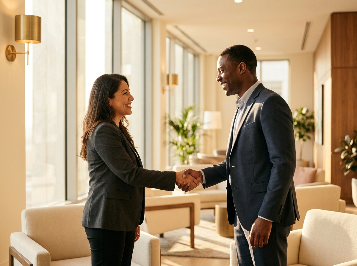 Two professionals shaking hands on a new partnership