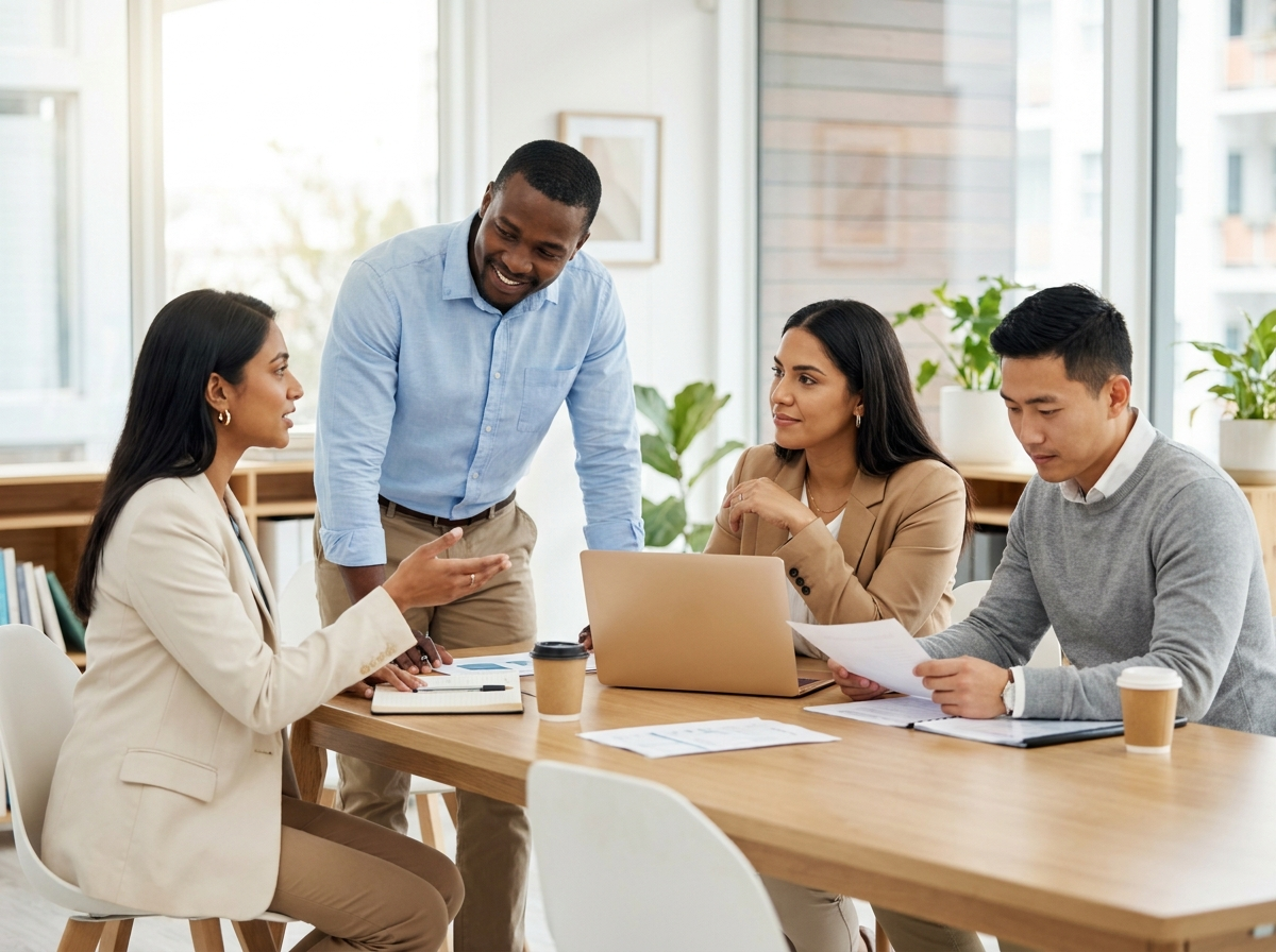Business owners from a range of industries and backgrounds meeting with a funding specialist