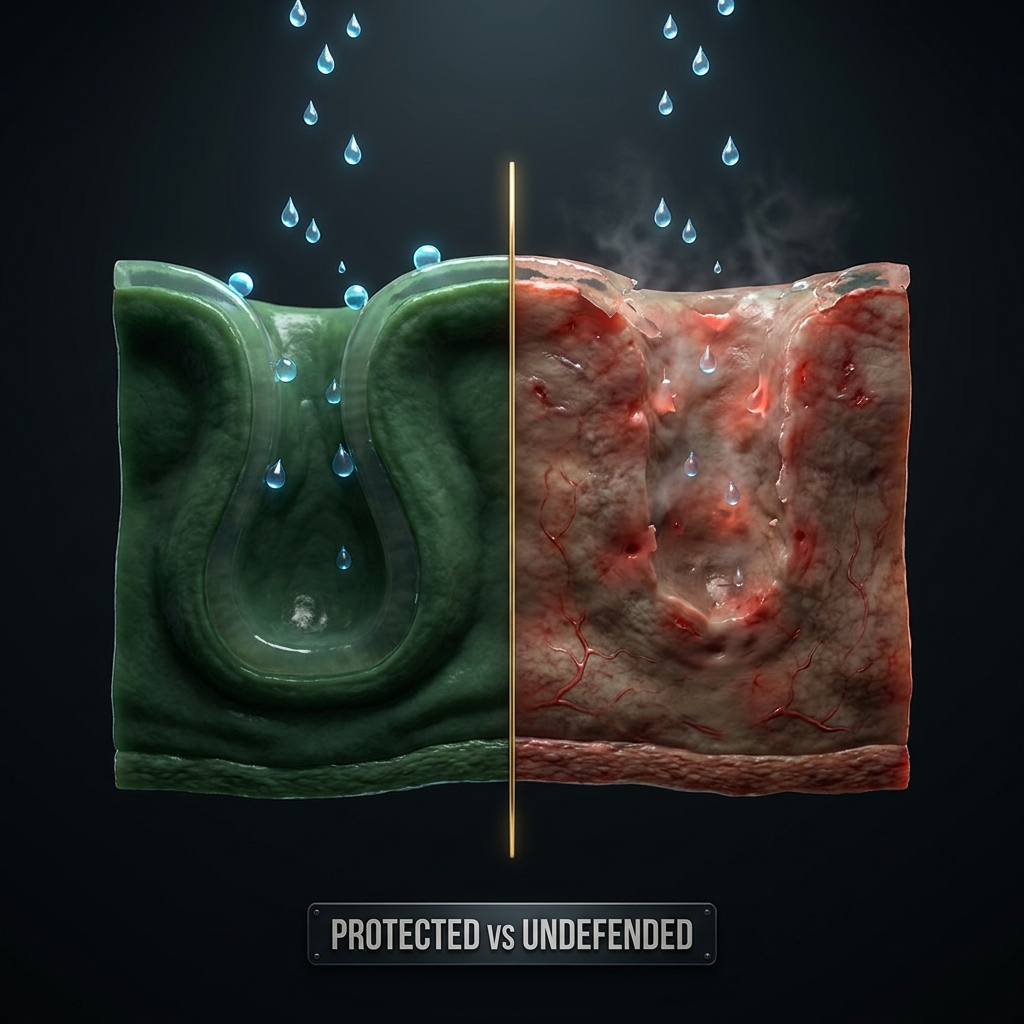 Cross-section of a stomach lining, one side protected and one side undefended