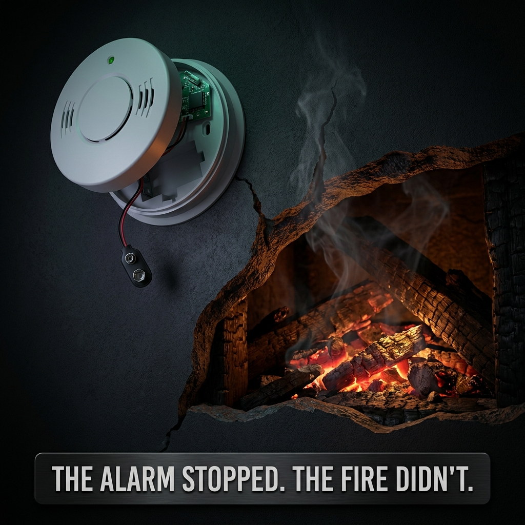 A silenced smoke alarm while a fire still smolders behind the wall