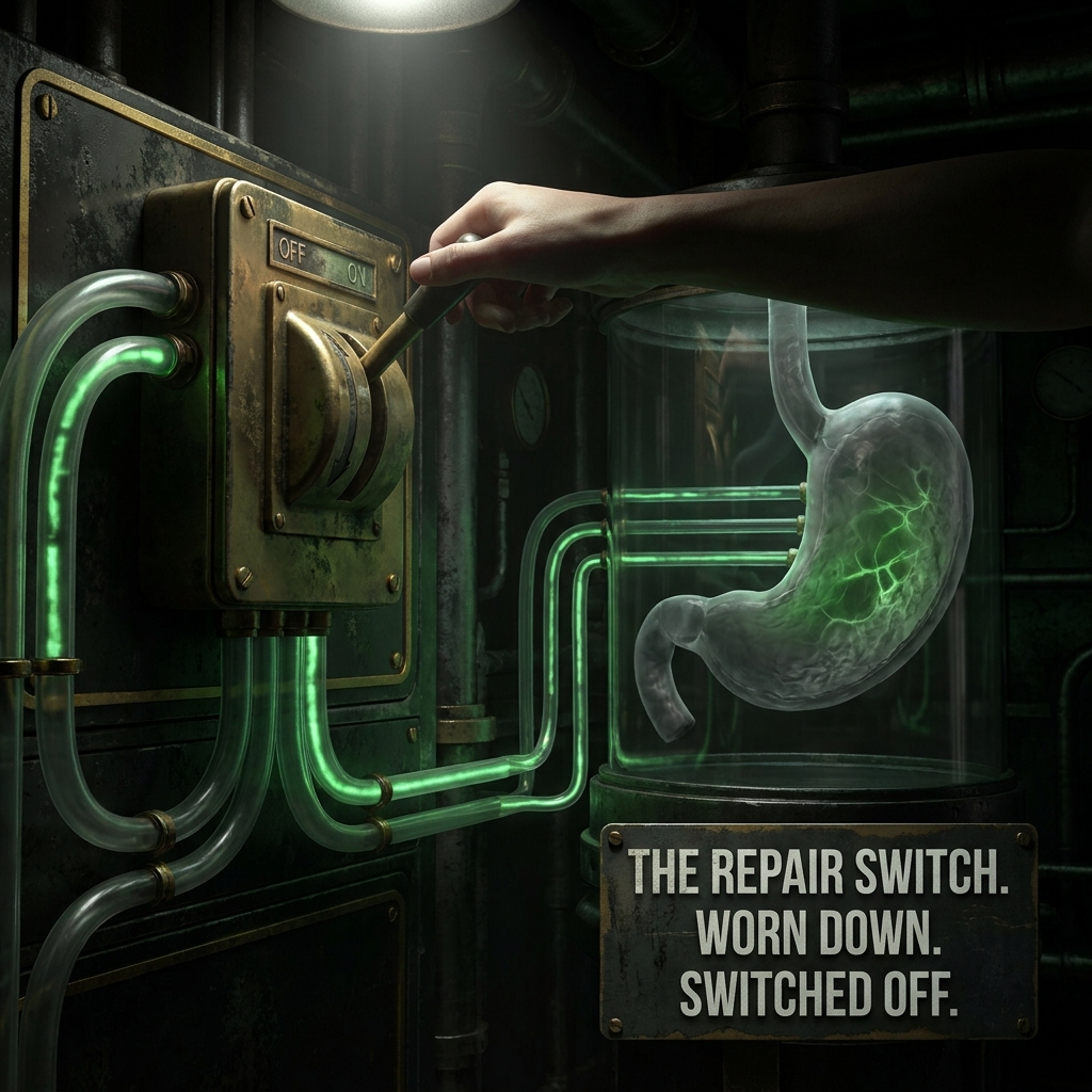 An industrial master switch being turned off while a stomach dims from healthy to dormant