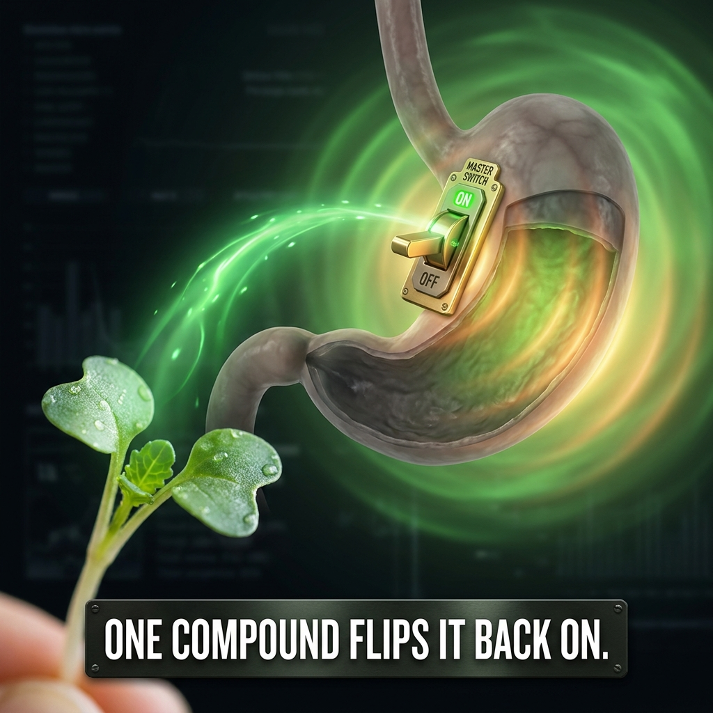 A broccoli sprout sending a green current that flips a stomach master switch back on