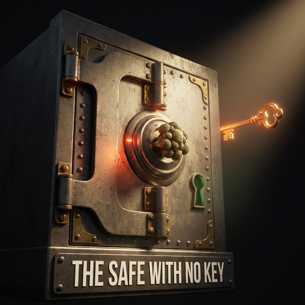 A locked safe with a broccoli-seed dial and a glowing key just out of reach