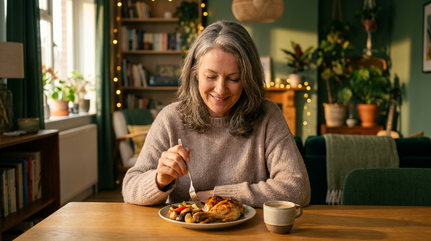 A relaxed woman enjoying a normal meal at home without worry