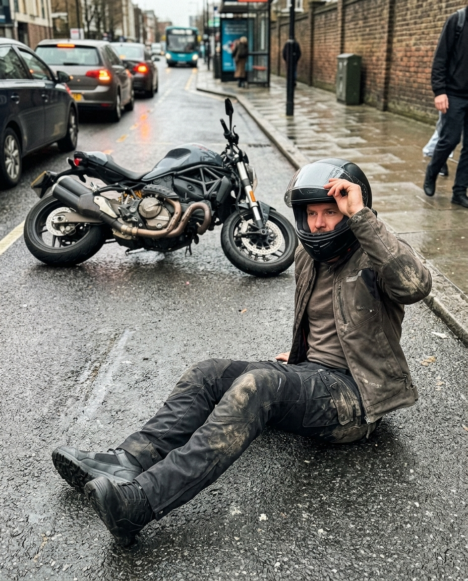 A motorcyclist down on the wet road beside his fallen motorcycle after a low-side crash