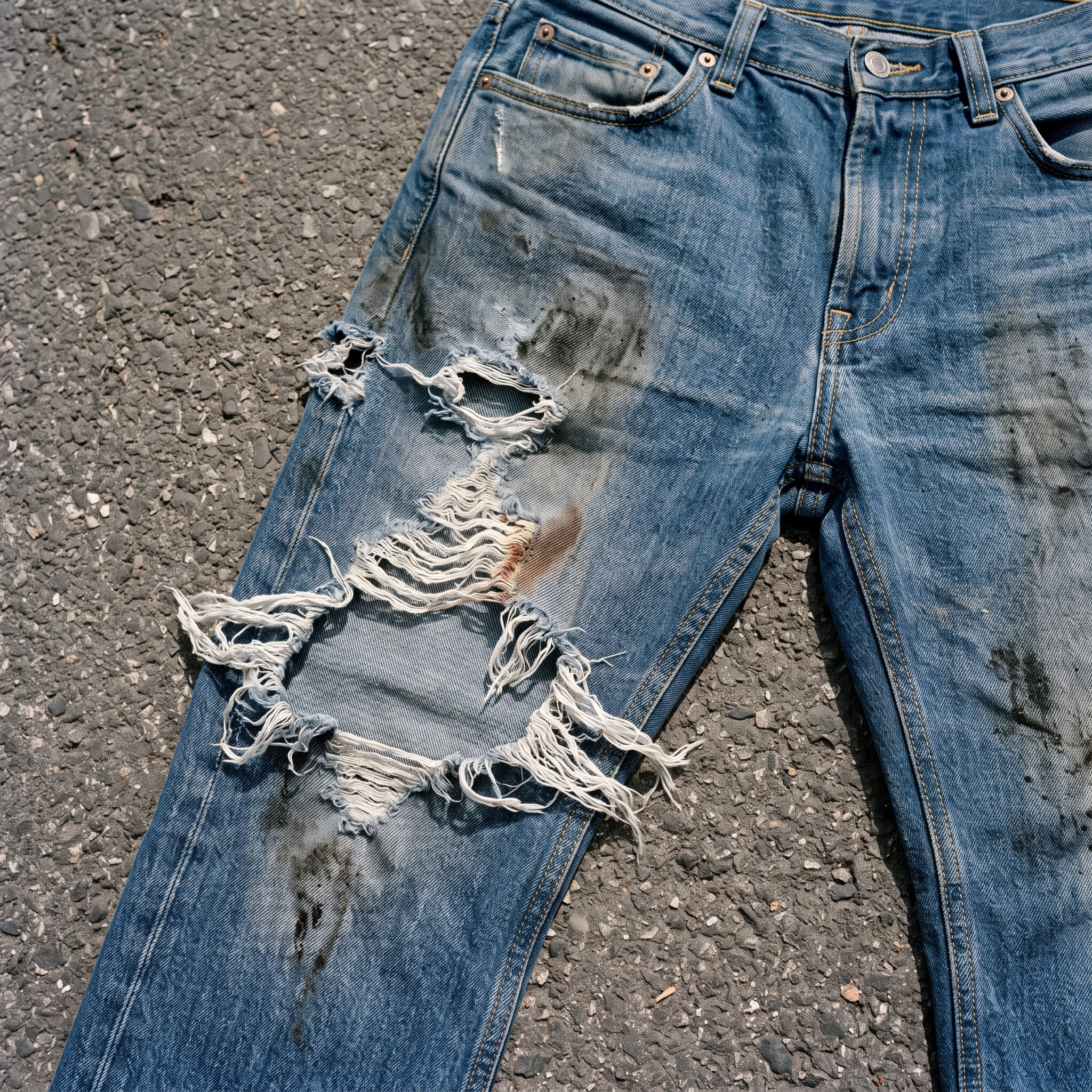 Standard denim jeans shredded after a low-speed motorcycle slide on tarmac