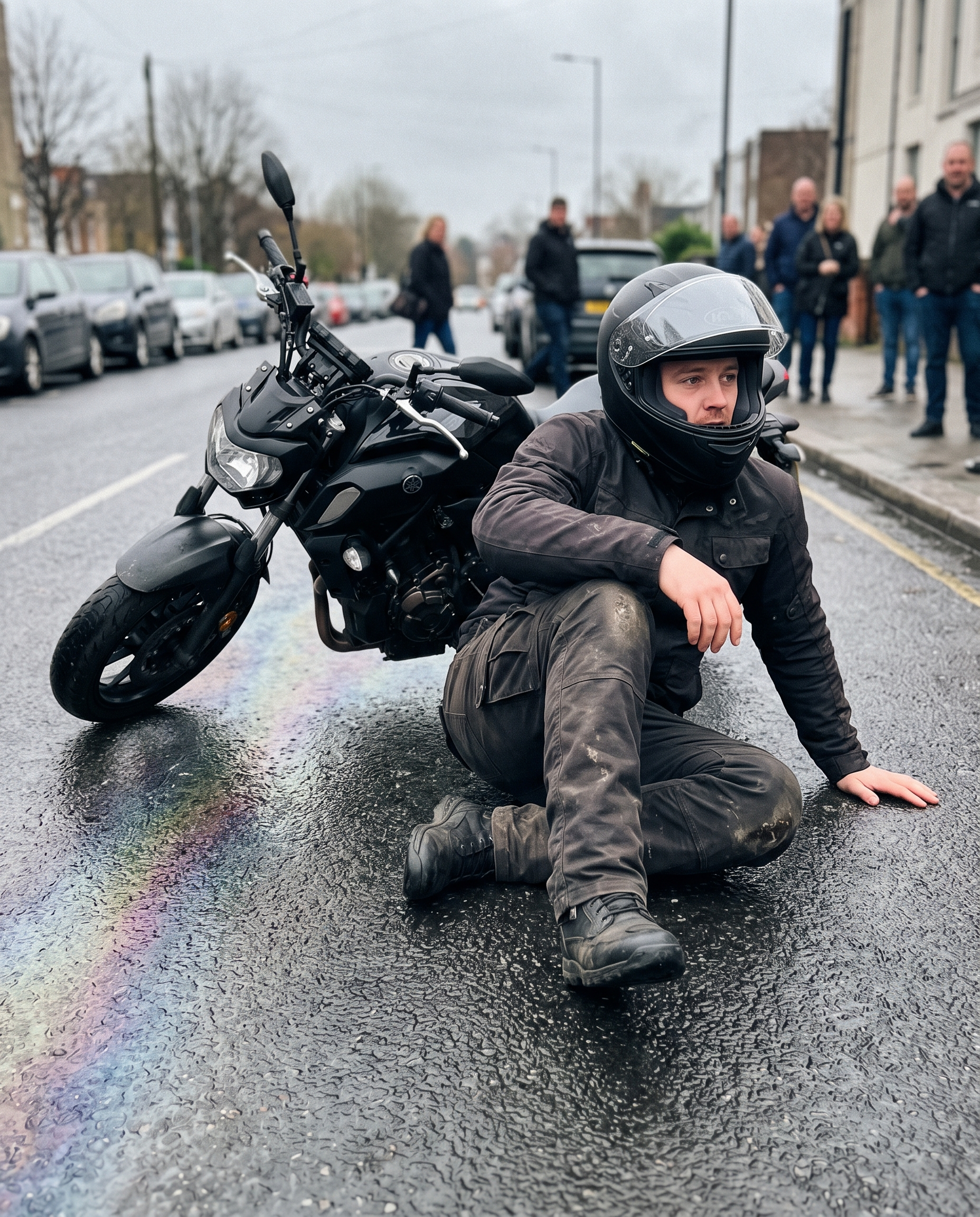 A motorcyclist down on the wet road beside his fallen motorcycle after a low-side crash