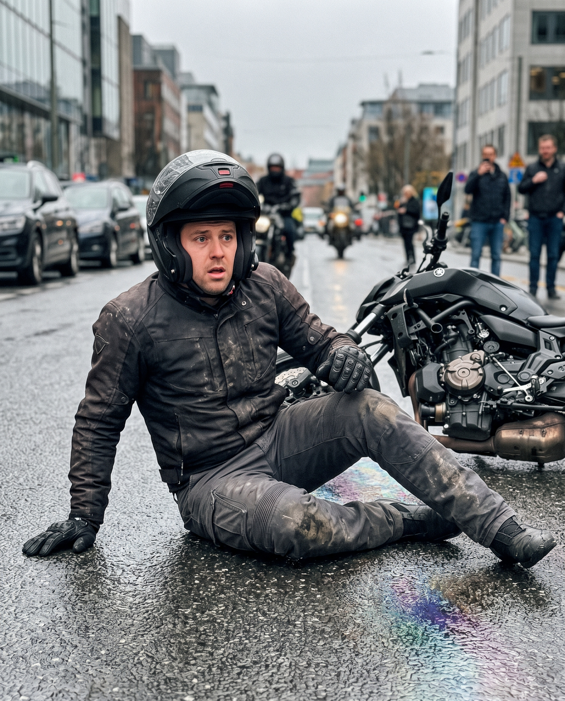 A motorcyclist down on the wet road beside his fallen motorcycle after a low-side crash