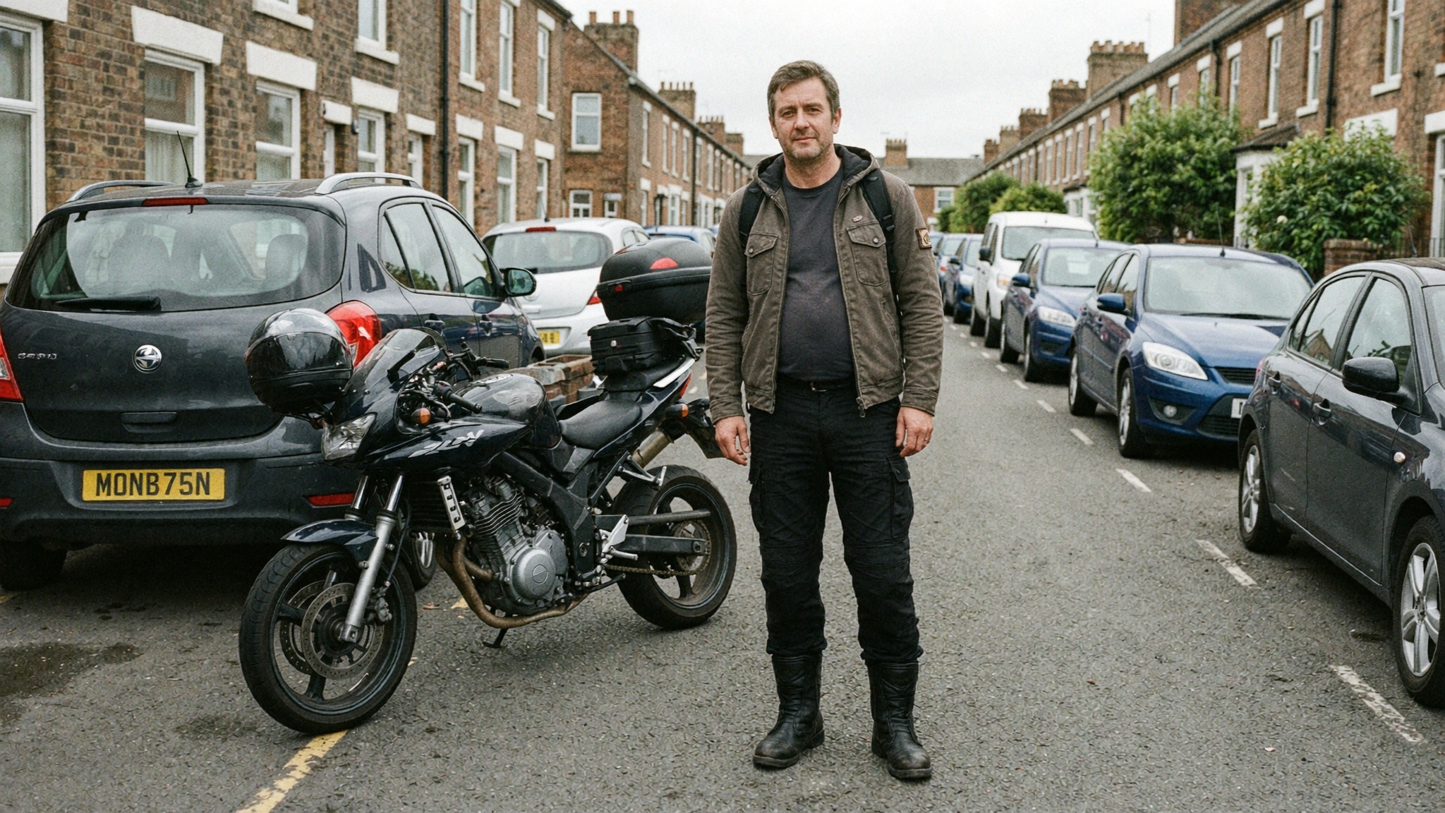 Rider standing by his motorcycle on a UK street in cargo pants that look completely ordinary