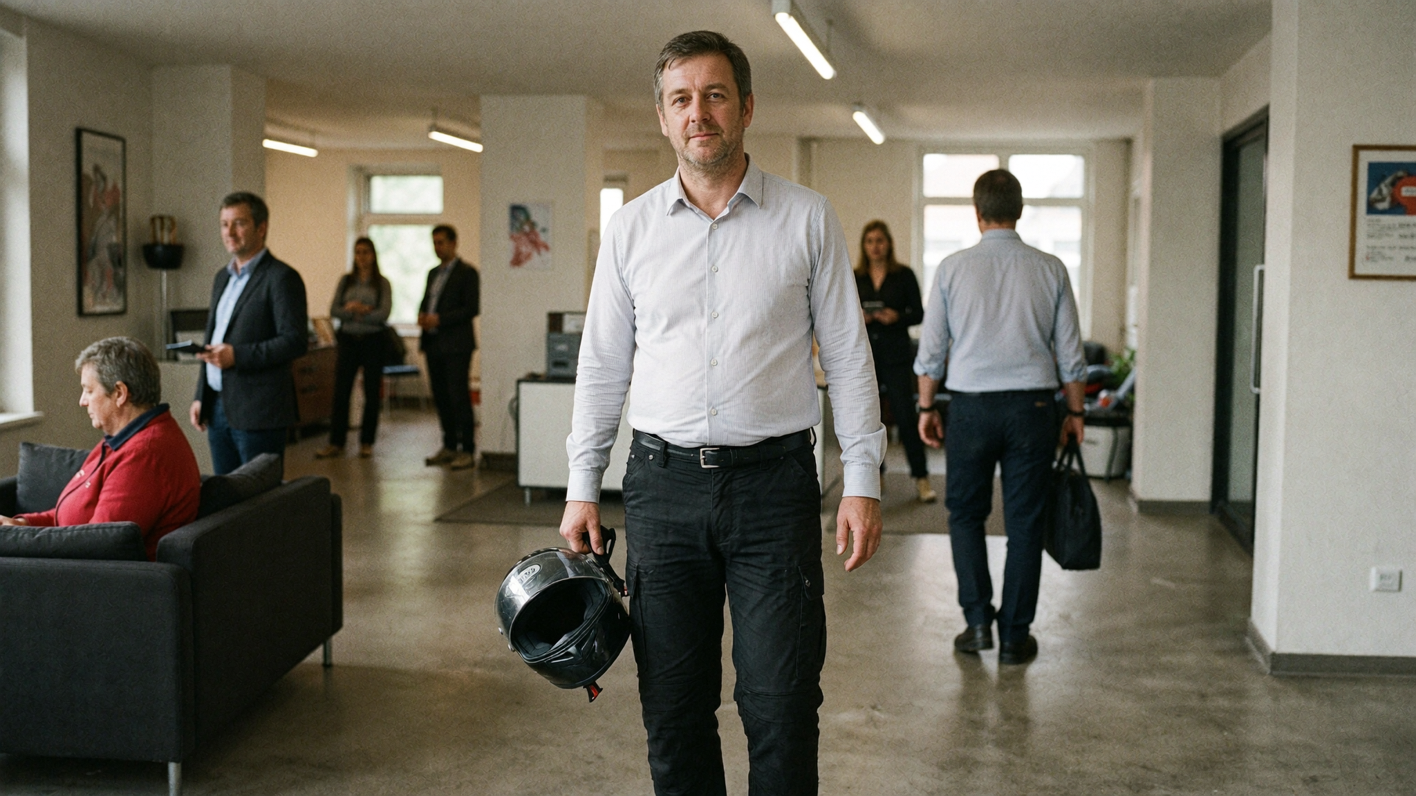 Rider walking through a UK office in cargos that read as ordinary clothes