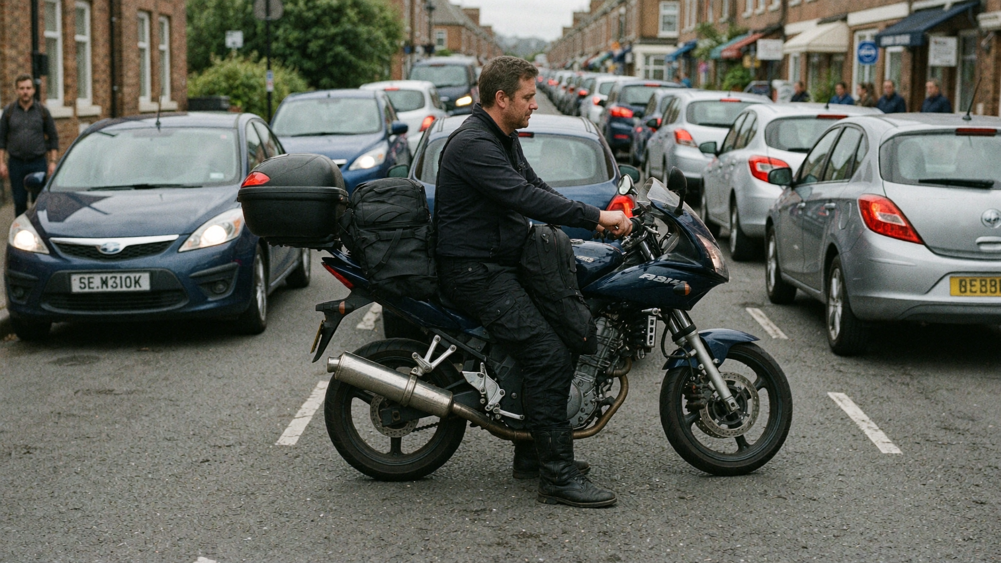 Rider filtering through UK traffic in cargo pants that look like normal clothes