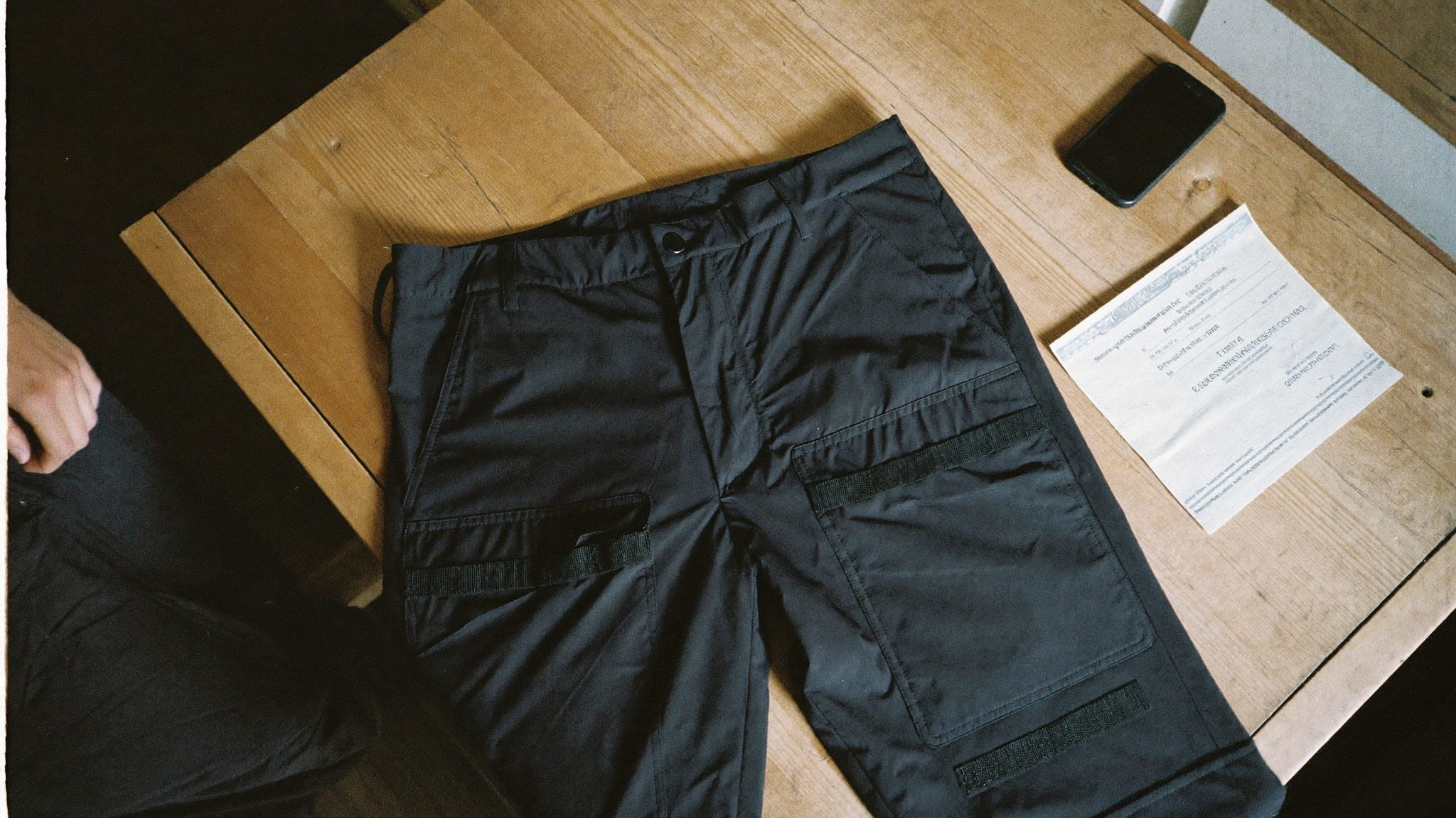 A pair of tactical cargo pants on a table next to a printed certificate