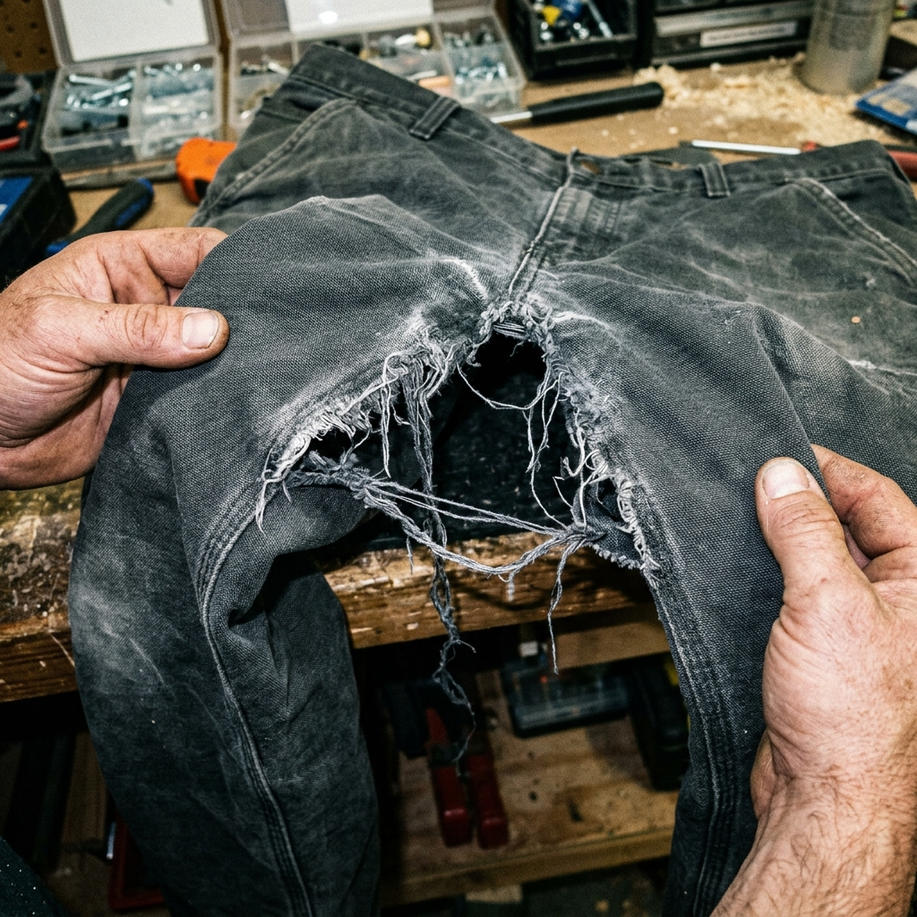 Ripped crotch seam on a pair of dark work trousers held up in two hands